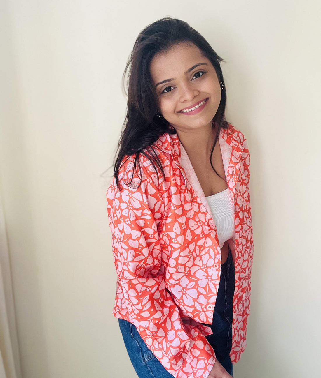 Woman wearing a pure cotton printed shirt from Swadesi Stories, perfect for everyday Indian wear.